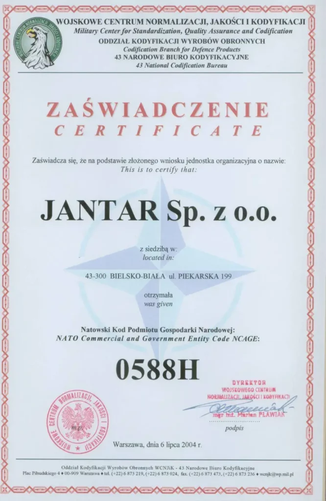 Zaświadczenie otrzymania przez Jantar Natowskiego Kodu Podmiotu Gospodarki Narodowej