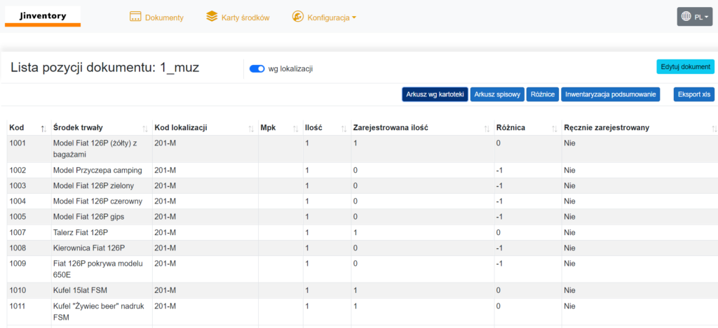 Jinventory zrzut z ekranu dokument lista pozycji