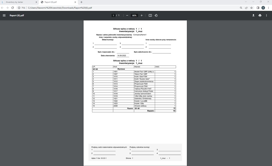 Jinventory zrzut z ekranu arkusz spisowy